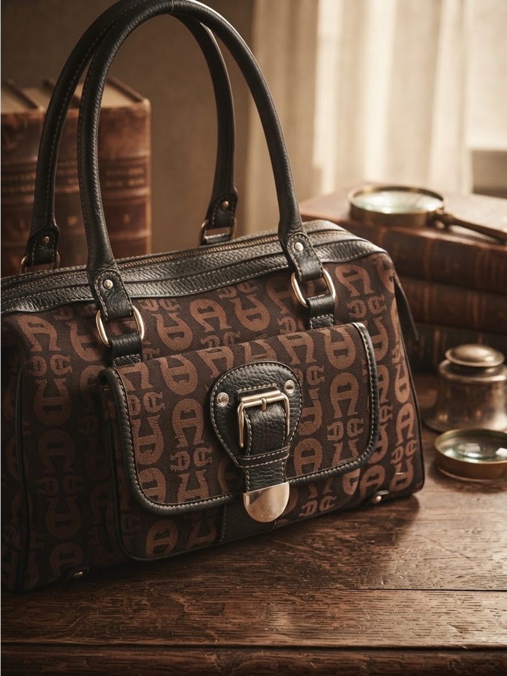 Etienne Aigner Black & Brown Satin Satchel Double Handle Silver Hardware EUC